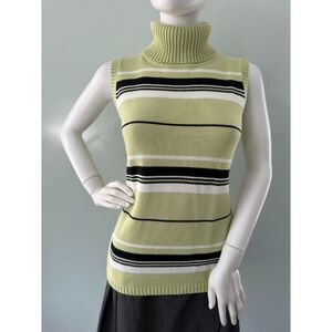 Vintage Y2K Green Striped Sleeveless Turtleneck Sweater Vest Knit Top size M